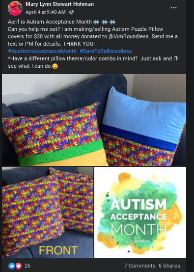FB Post SHowing Pillows with Puzzle Print for sale to benefit Boundless