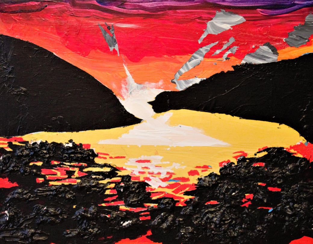 Painting of sunset over water and rocks.