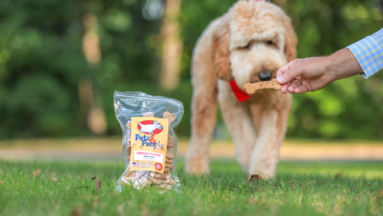 Dog wearing a red bandana, standing in the grass sniffing a dog treat in someone's hand near a bag of dog treats.