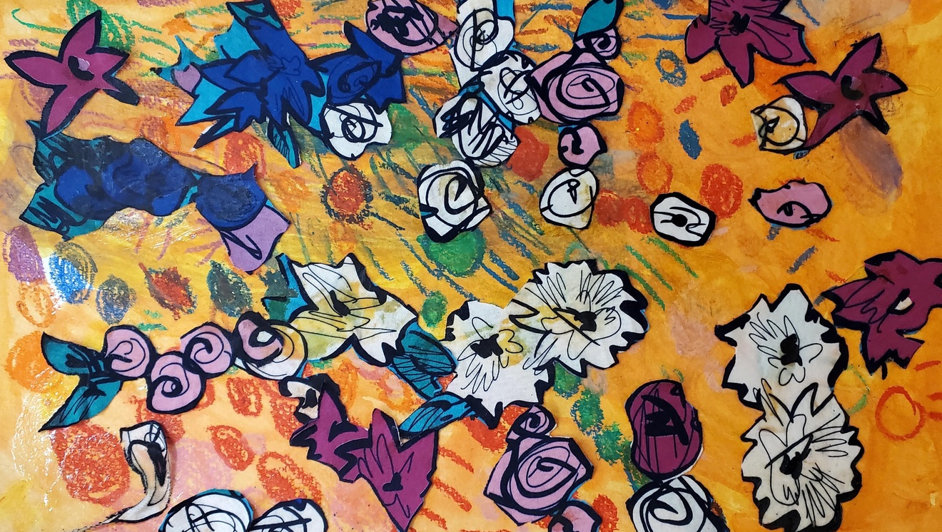 Mixed media artwork of flowers on a yellow background. 