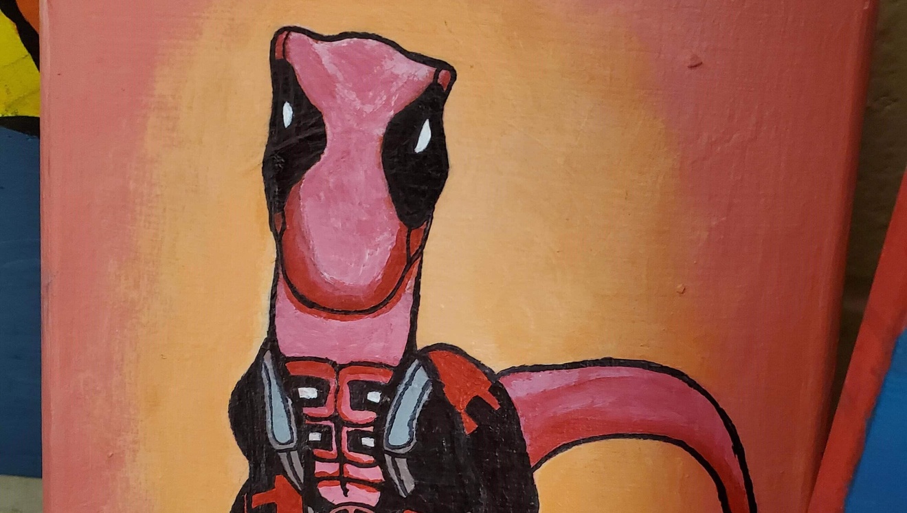 Painting of a dinosaur wearing Deadpool costume. 
