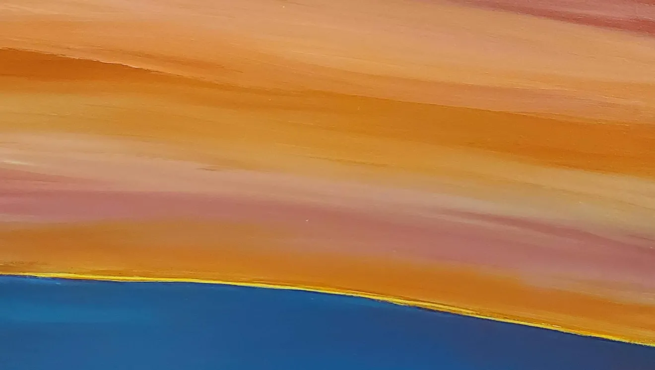 Painting of a sunset over water.