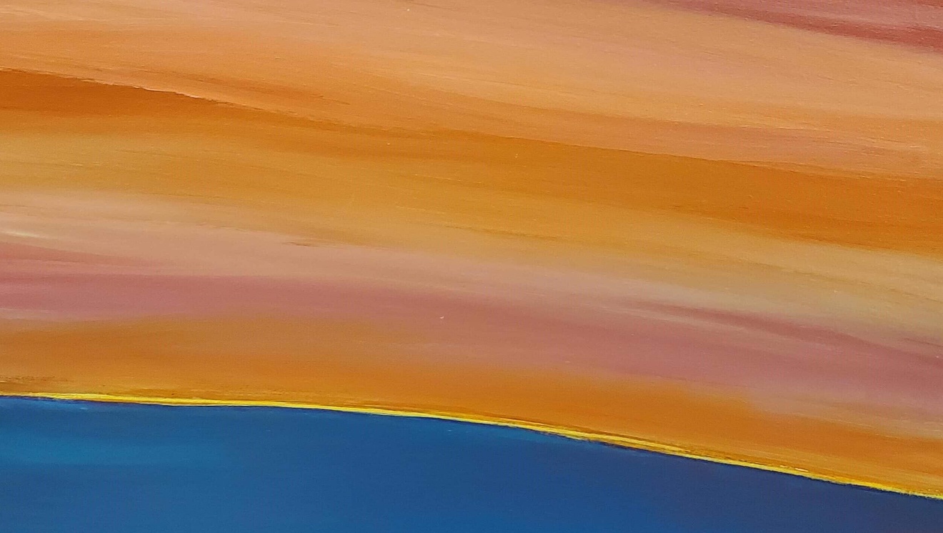 Painting of a sunset over water.