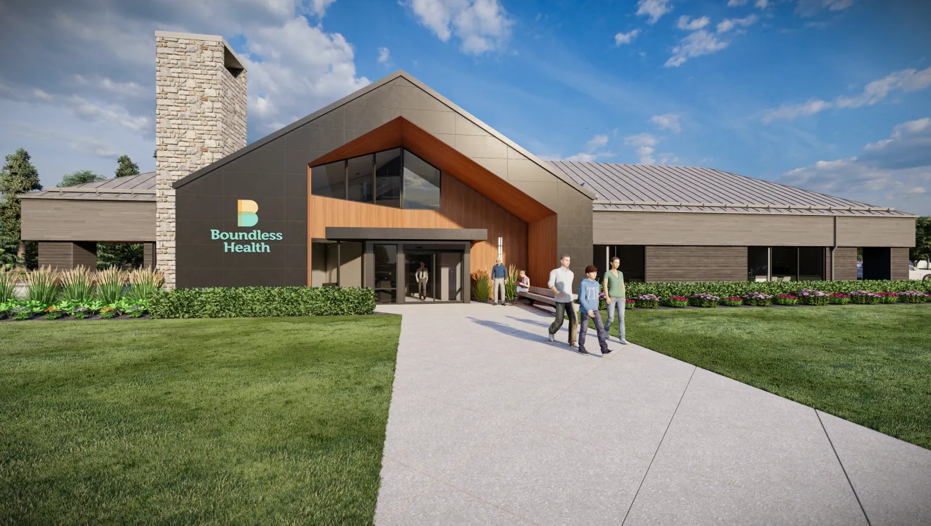 Computer rendering of the new Boundless Health clinic exterior with people entering and exiting. 