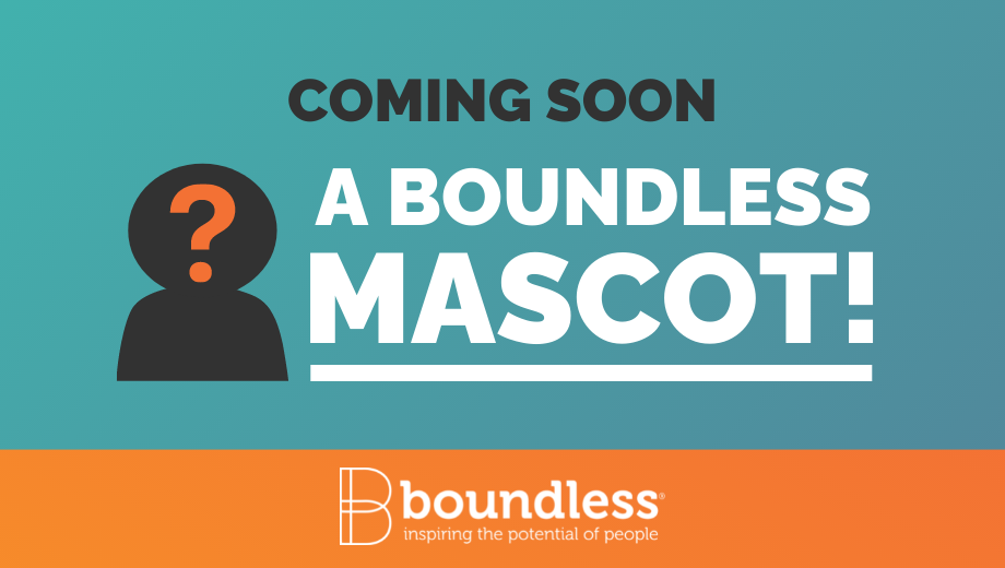 Coming Soon A Boundless Mascot. Green and orange background with a silhouette of a head with a question mark.