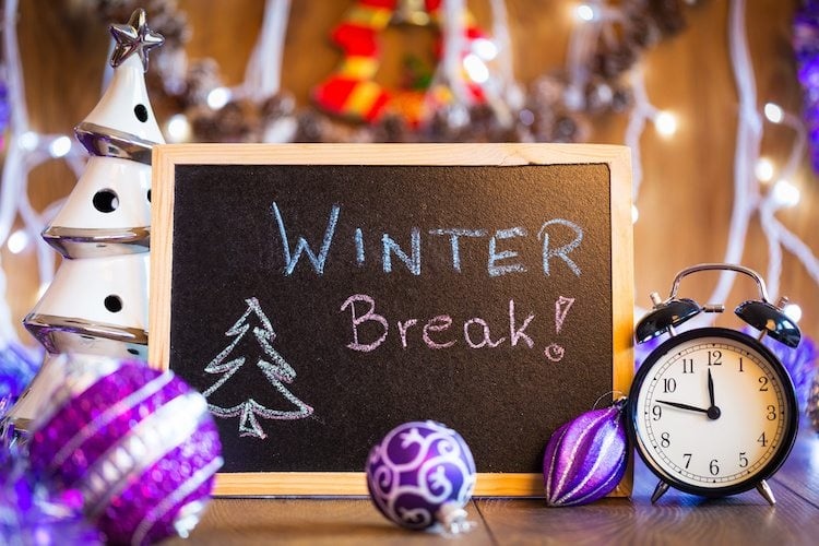Photo of winter break sign with clock and ornaments