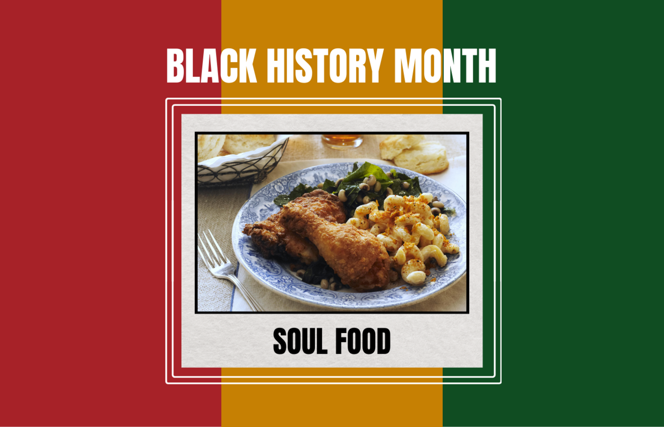  A plate of Soul Food including chicken, mac and cheese and collard greens.