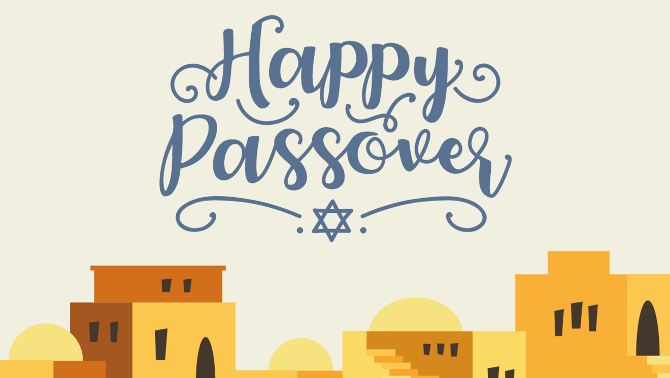 Blue handwriting reading "Happy Passover" above middle eastern buildings