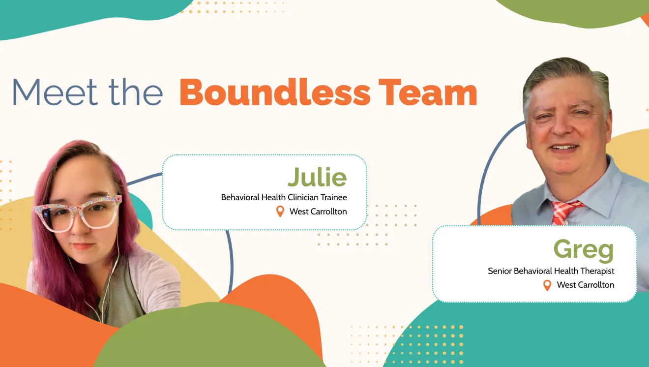 Julie (Behavioral Health Clinician Trainee) and Greg (Senior Behavioral Health Therapist) smiling!