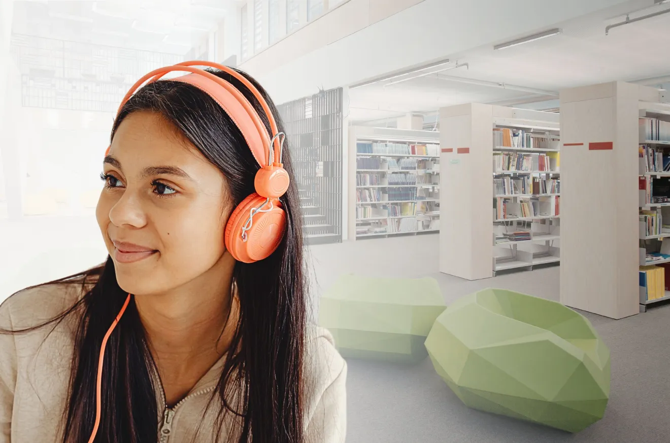 Girl wearing headphones in library
