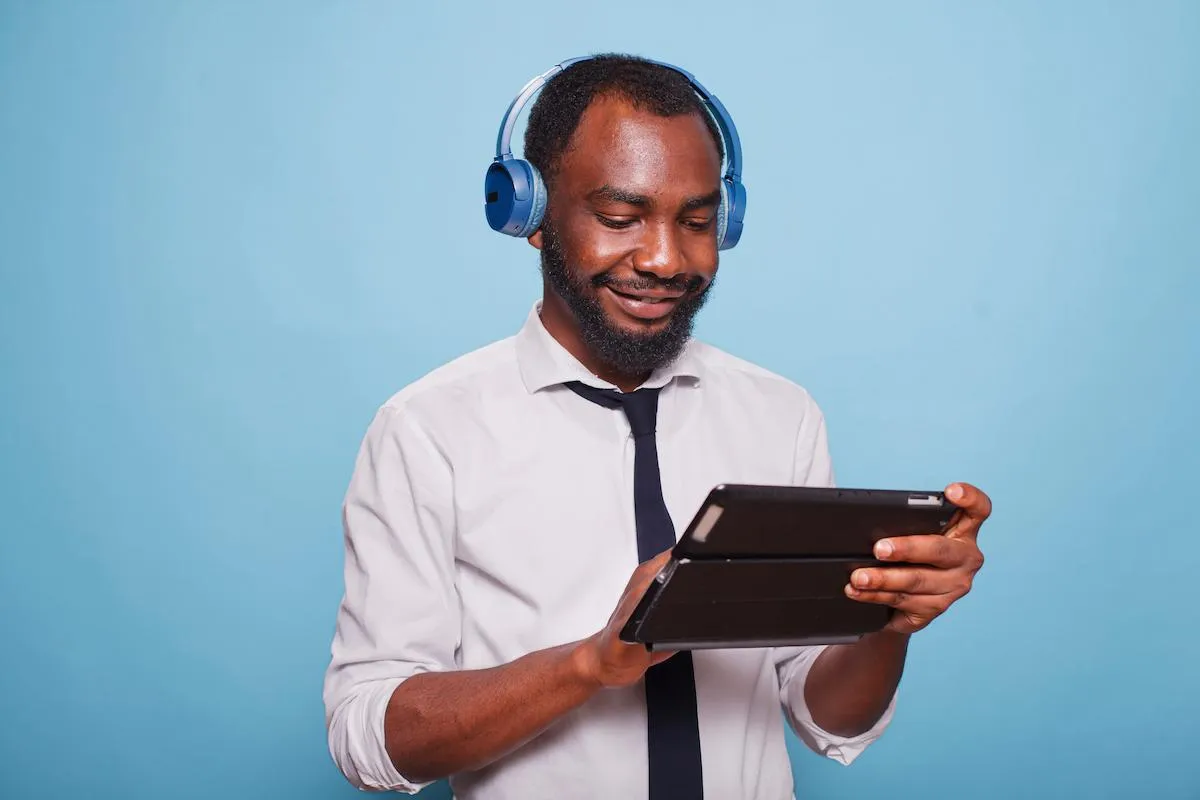 adult with noise cancelling headphones