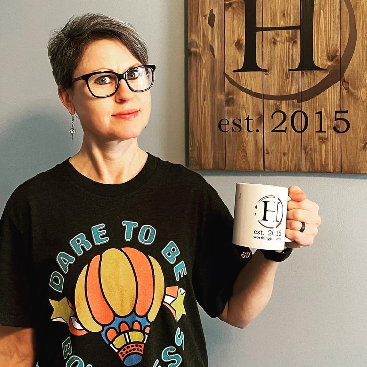 Christie Bruffy, owner or Highline Coffee Co., wearing her #DareToBeBoundless T-shirt