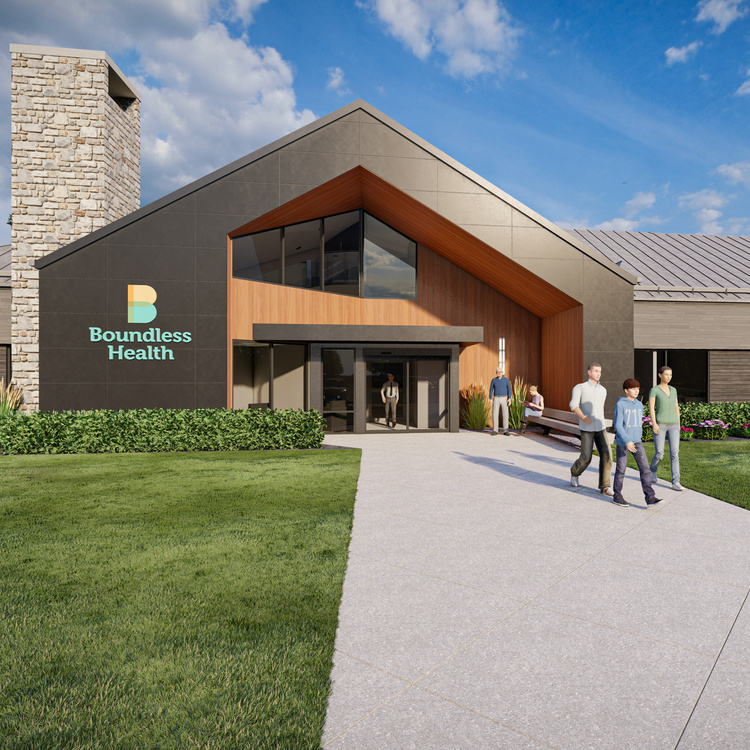 Computer rendering of the new Boundless Health clinic exterior with people entering and exiting. 